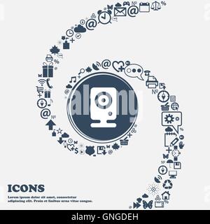 Web cam icon sign in the center. Around the many beautiful symbols twisted in a spiral. You can use each separately for your des Stock Vector