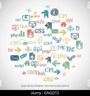 Multicolor doodles Hand Drawn Site Development Icons set on White. EPS10 vector illustration. Stock Vector