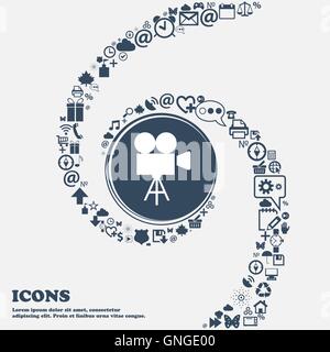 Video camera icon in the center. Around the many beautiful symbols twisted in a spiral. You can use each separately for your des Stock Vector