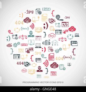 Multicolor doodles Hand Drawn Programming Icons set on White. EPS10 vector illustration. Stock Vector