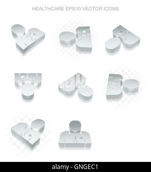 Medicine icons set: different views of metallic Doctor, transparent shadow, EPS 10 vector. Stock Vector