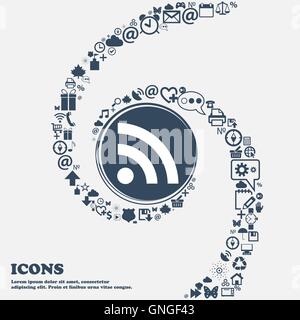 RSS feed icon sign in the center. Around the many beautiful symbols twisted in a spiral. You can use each separately for your de Stock Vector