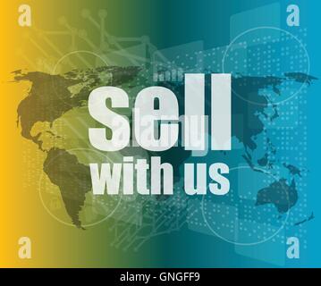 Sell with us word on digital screenvector quotation marks with thin line speech bubble. concept of citation, info, testimonials, Stock Vector