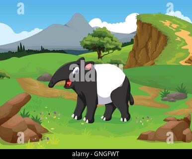 funny tapir cartoon in the jungle with landscape background Stock Vector