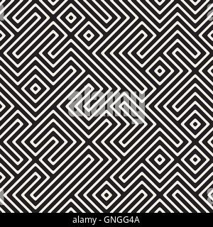 Vector Seamless Black And White Maze Stripes Irregular Geometric Pattern Stock Vector