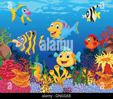 funny fish cartoon with beauty sea life background Stock Vector