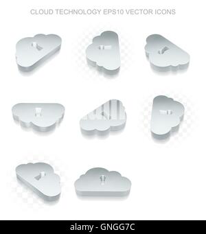 Cloud computing icons set: different views of metallic Cloud With Keyhole, transparent shadow, EPS 10 vector. Stock Vector