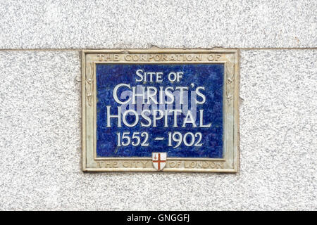 Blue plaque showing the Site of Christ's Hospital 1552-1902. City of London, UK Stock Photo