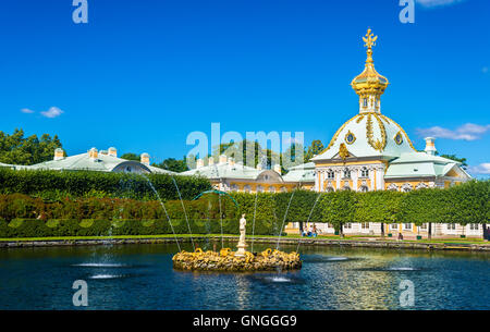 Western Square Pond With Fountain in Peterhof - Russia Stock Photo