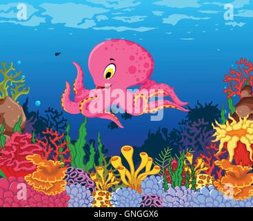 funny octopus cartoon with beauty sea life background Stock Vector