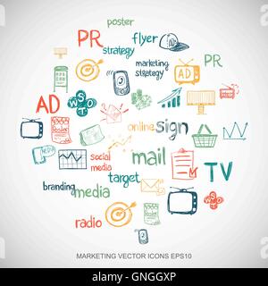 Multicolor doodles Hand Drawn Marketing Icons set on White. EPS10 vector illustration. Stock Vector