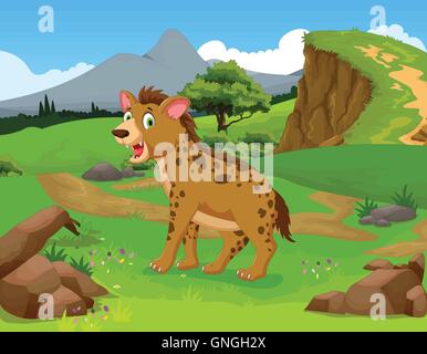 funny hyena cartoon in the jungle with landscape background Stock Vector