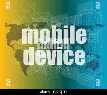 word mobile devices on digital screen 3d vector quotation marks with thin line speech bubble. concept of citation, info, testimo Stock Vector