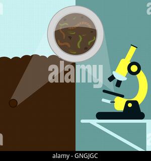 Magnifying glass enlarging earthworm and other insects on the earth. Soil sample being analyzed under the microscope in the labo Stock Vector