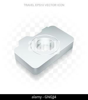 Travel icon: Flat metallic 3d Photo Camera, transparent shadow, EPS 10 vector. Stock Vector