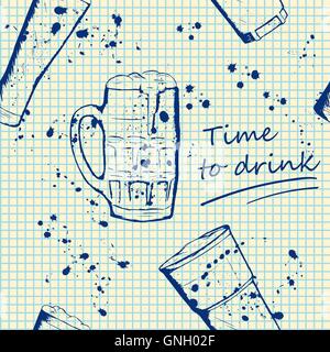 Beer mug pattern in hand drawn sketch style Stock Vector