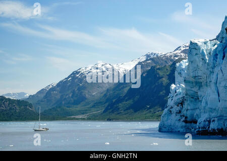 Sailing boat near Margerie Glacier, Glacier Bay national park, Alaska, USA Stock Photo