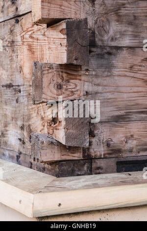 Dovetailed machined timber in a 1927 Norwegian farmhouse in Ørsta, Norway Stock Photo