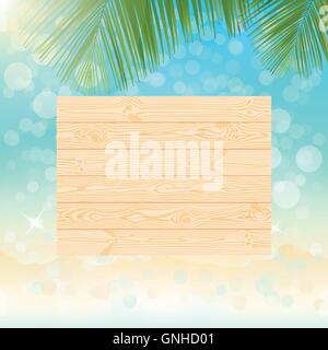 Natural wooden singboard on the blurred sparkling sea water summer background with bokeh vector illustration Stock Vector