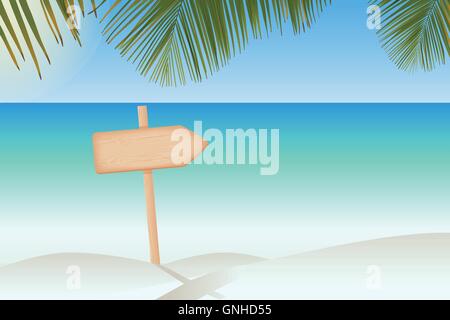Natural textured wooden arrow signboard on a pole at the tropical beach vector illustration Stock Vector