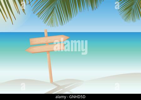 Natural textured wooden two arrows signboard on a pole at the paradise beach vector illustration Stock Vector