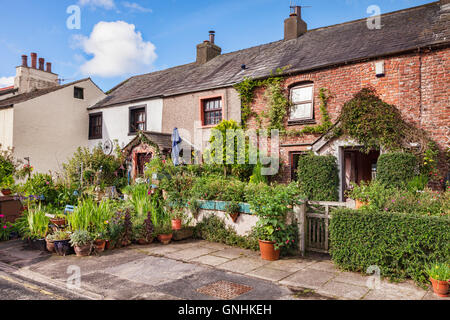 Row of cottages with pot plants and lovely summer gardens in Main Street, Ravenglass, Cumbria, England, UK Stock Photo