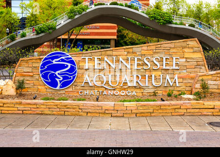 The welcome sign outside the Tennessee Aquarium building in Chattanooga Stock Photo