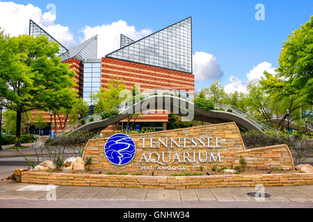 The welcome sign outside the Tennessee Aquarium building in Chattanooga Stock Photo