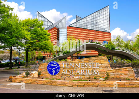 The welcome sign outside the Tennessee Aquarium building in Chattanooga Stock Photo