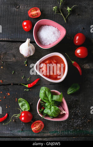 Ingredients for making homemade tomato ketchup sauce. Chopped tomatoes, salt, herbs, garlic and chili peppers in few ceramic bow Stock Photo
