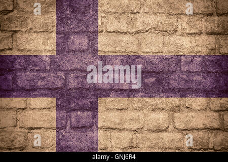 flag of Finland or Finnish banner on brick texture Stock Photo