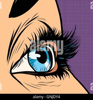 Close-up blue woman eye looks to right Stock Vector