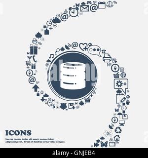 hard disk, date base icon sign in the center. Around the many beautiful symbols twisted in a spiral. You can use each separately Stock Vector