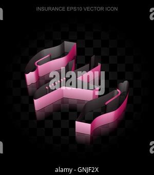 Insurance icon: Crimson 3d Airplane And Palm made of paper, transparent shadow, EPS 10 vector. Stock Vector