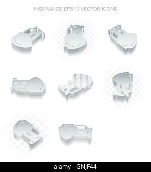 Insurance icons set: different views of metallic Car And Shield, transparent shadow, EPS 10 vector. Stock Vector