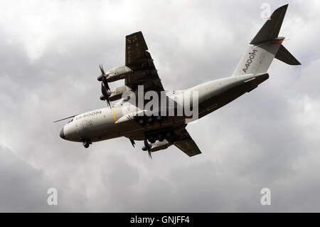 Airbus A400M transporter coming in on a semi-prepared landing strip at Woodbridge airfield, Suffolk, UK. Stock Photo