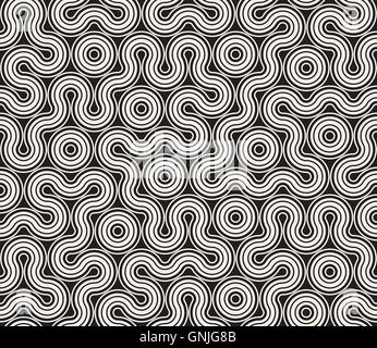 Vector Seamless Black and White Tangled Round Stripes Geometric Pattern Stock Vector