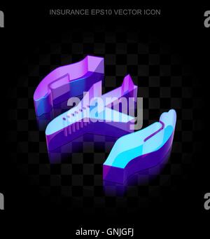 Insurance icon: 3d neon glowing Airplane And Palm made of glass, EPS 10 vector. Stock Vector