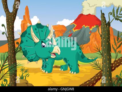 funny Triceratops cartoon with forest landscape background Stock Vector