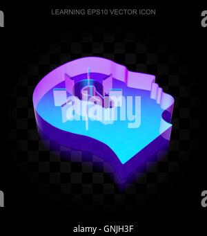 Learning icon: 3d neon glowing Head With Light Bulb made of glass, EPS 10 vector. Stock Vector