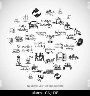 Black doodles Hand Drawn Industry Icons set on White. EPS10 vector illustration. Stock Vector