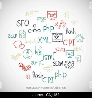 Multicolor doodles Hand Drawn Site Development Icons set on White. EPS10 vector illustration. Stock Vector