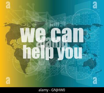social concept: words we can help you on digital screen vector quotation marks with thin line speech bubble. concept of citation Stock Vector