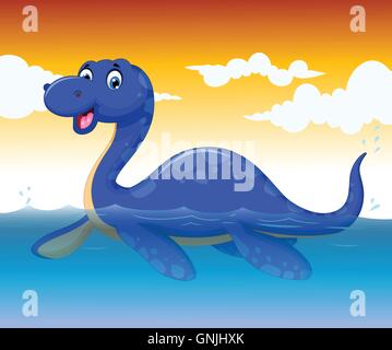funny dinosaur cartoon swimming with sea life background Stock Vector