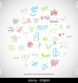 Multicolor doodles Hand Drawn Holiday Icons set on White. EPS10 vector illustration. Stock Vector