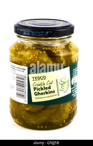 Tesco Crinkle Cut Pickled Gherkins Jar Stock Photo