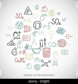 Multicolor doodles Hand Drawn Science Icons set on White. EPS10 vector illustration. Stock Vector