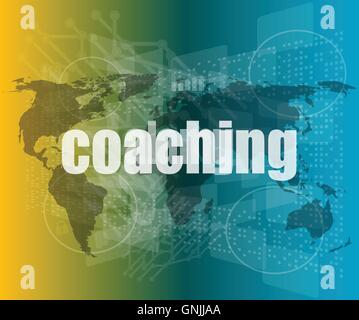 coaching word on touch screen, modern virtual technology background vector quotation marks with thin line speech bubble. concept Stock Vector