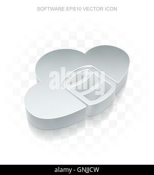 Software icon: Flat metallic 3d Database With Cloud, transparent shadow EPS 10 vector. Stock Vector