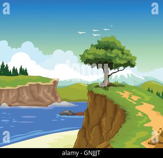beauty mountain cliff with lake landscape background Stock Vector